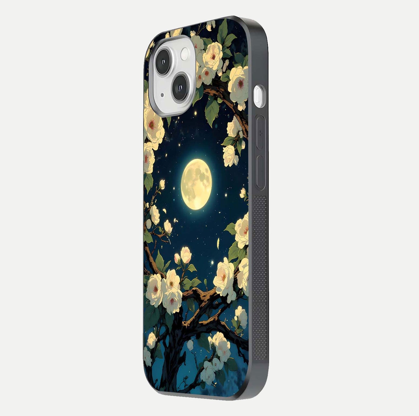 Celestial Moon & Flower Glass Case for iPhone 14 side-angle image showing edge smoothness and glow reflection