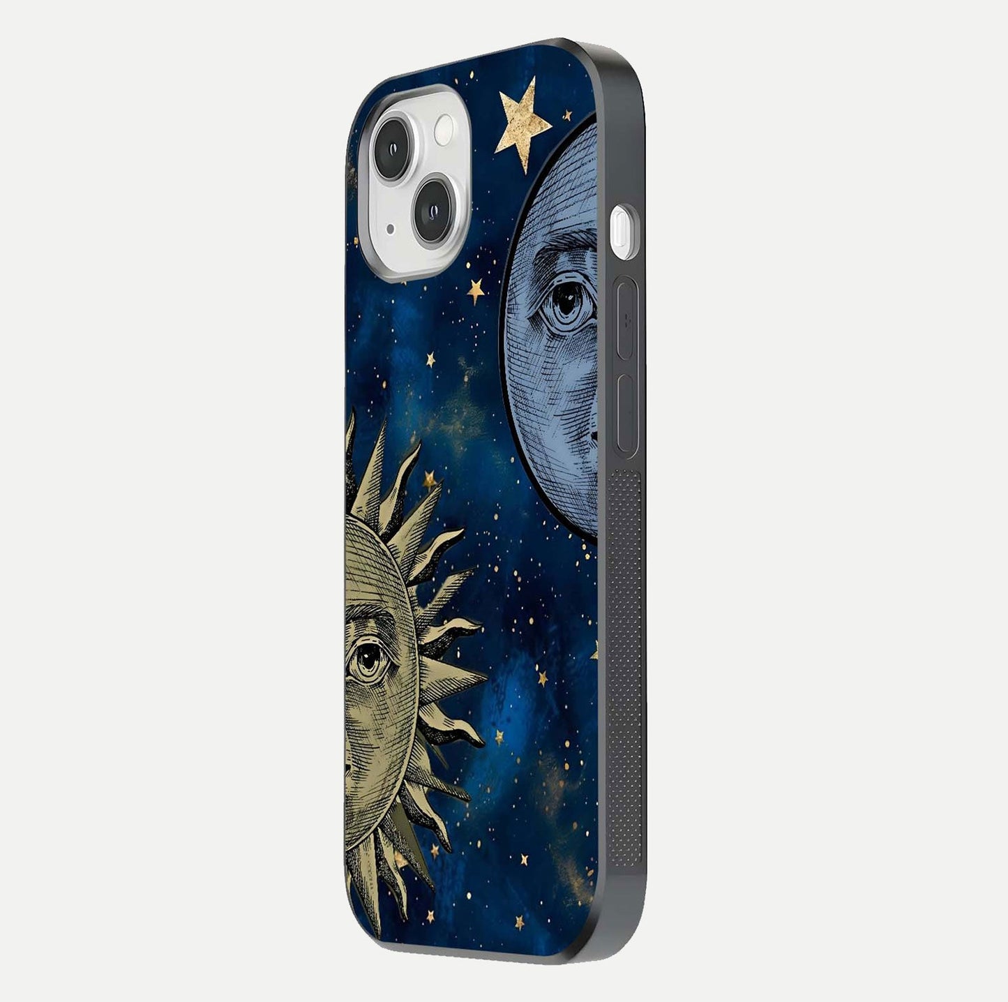 Celestial Moon With Sun Glass Case for iPhone 14 side-angle image showing reflection tones and cosmic edge