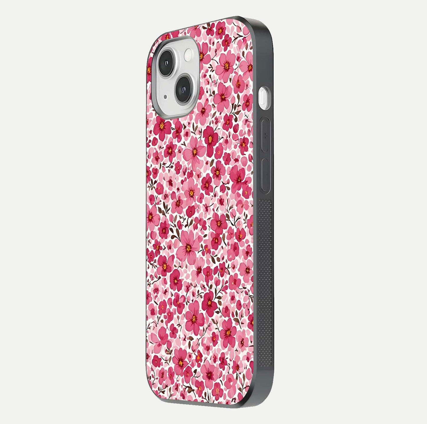 Cherry Blossom Charm Glass Case for iPhone 14 side-angle image showing reflection gloss and soft texture