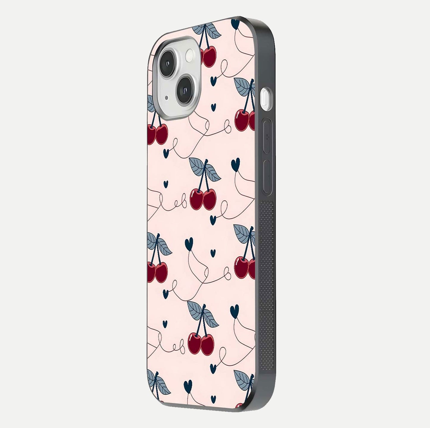 Cherry Heart Line Glass Case for iPhone 14 side-angle view capturing smooth curves and shine effect