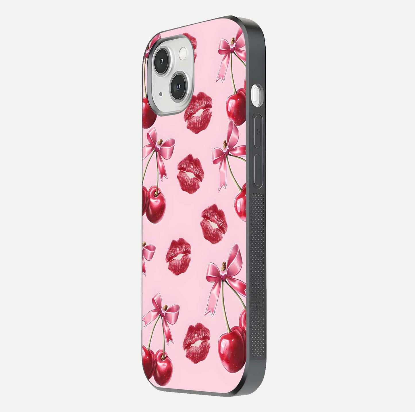 Cherry With Lips Glass Case for iPhone 14 side-angle image showing gloss reflection and fine details