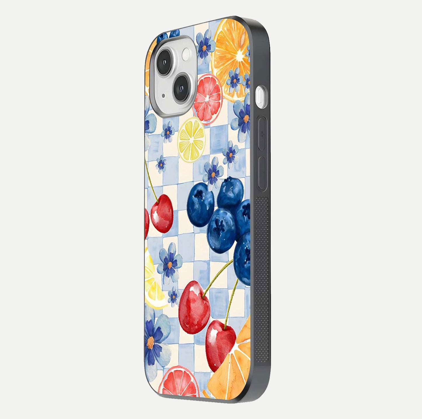 Citrus Bloom Joy Glass Case for iPhone 14 side-angle photo capturing bright color and glass reflection