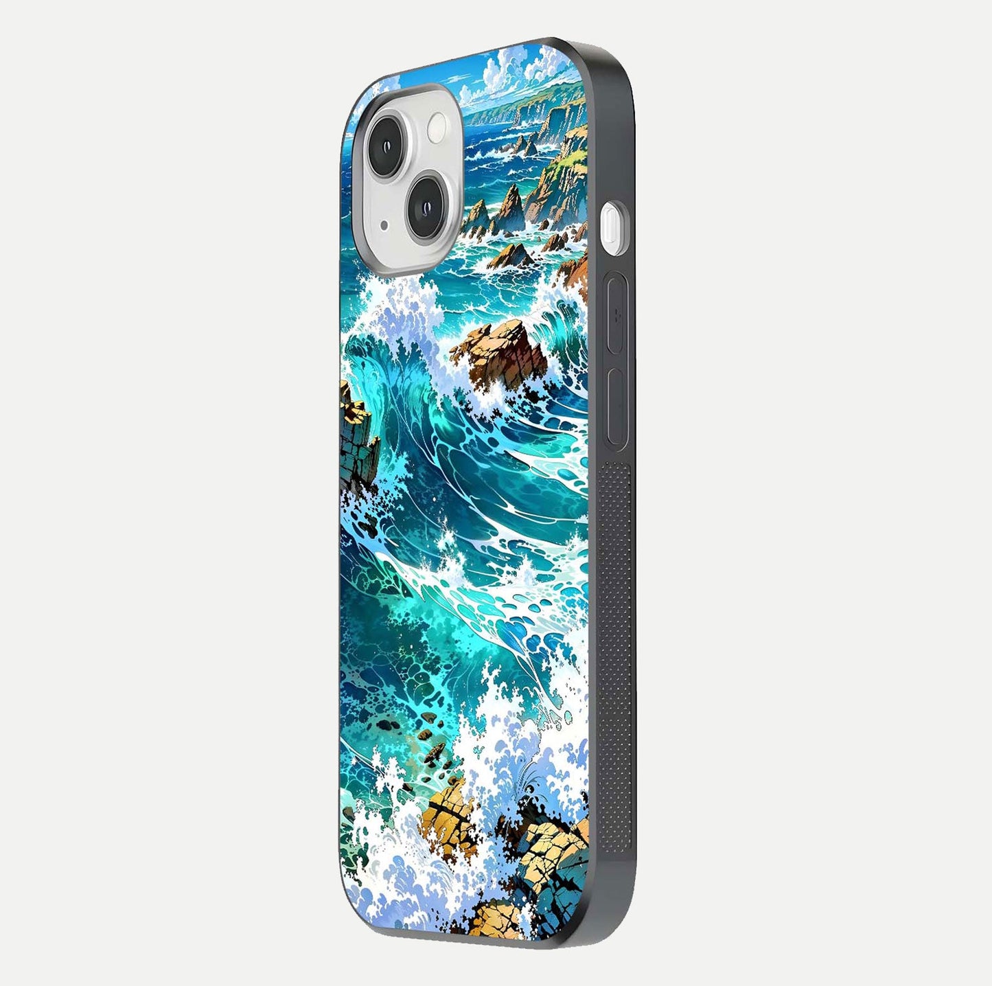 Coastal Blue Waves Glass Case for iPhone 14 side-angle photo showing gloss texture and color depth