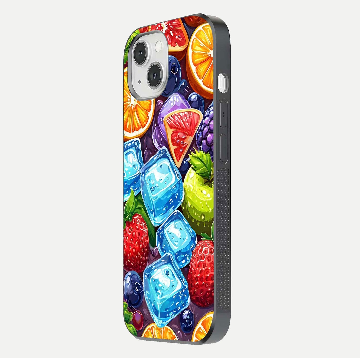 Colorful Fruits with Ice Glass Case for iPhone 14 side-angle photo showing curve gloss and vivid tones