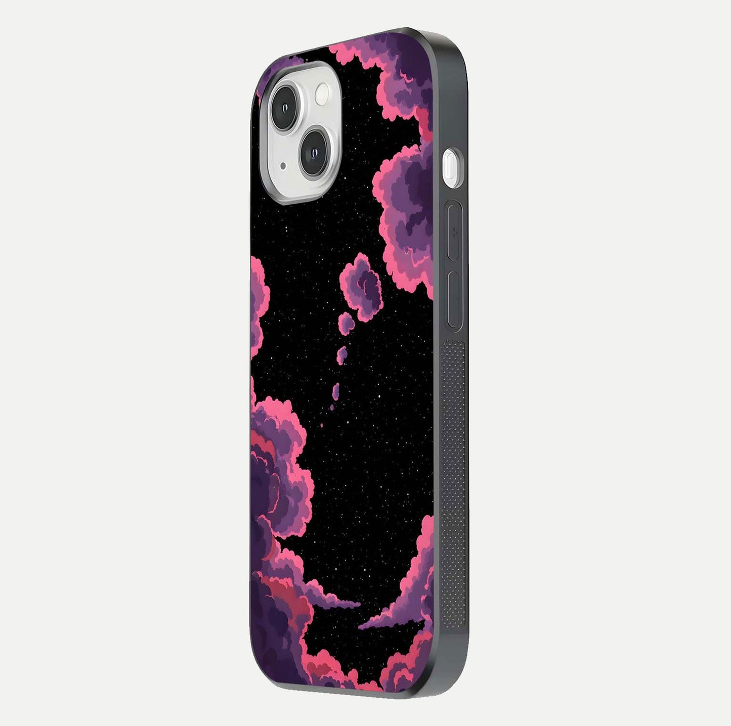 Cosmic Cloud Journey Glass Case for iPhone 14 side-angle photo showing glass reflection and smooth tone
