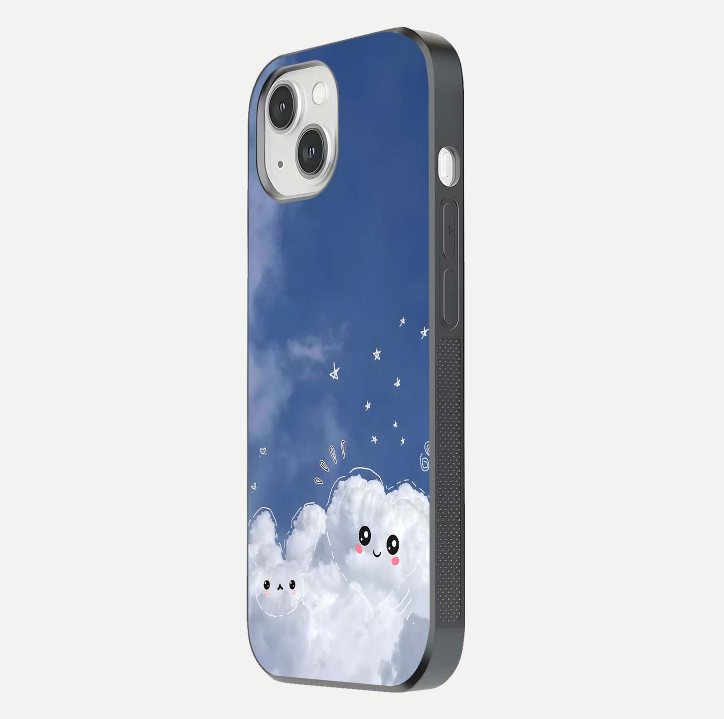 Cute Blossom Cloud Glass Case for iPhone 14 side-angle image capturing gloss texture and curve reflection
