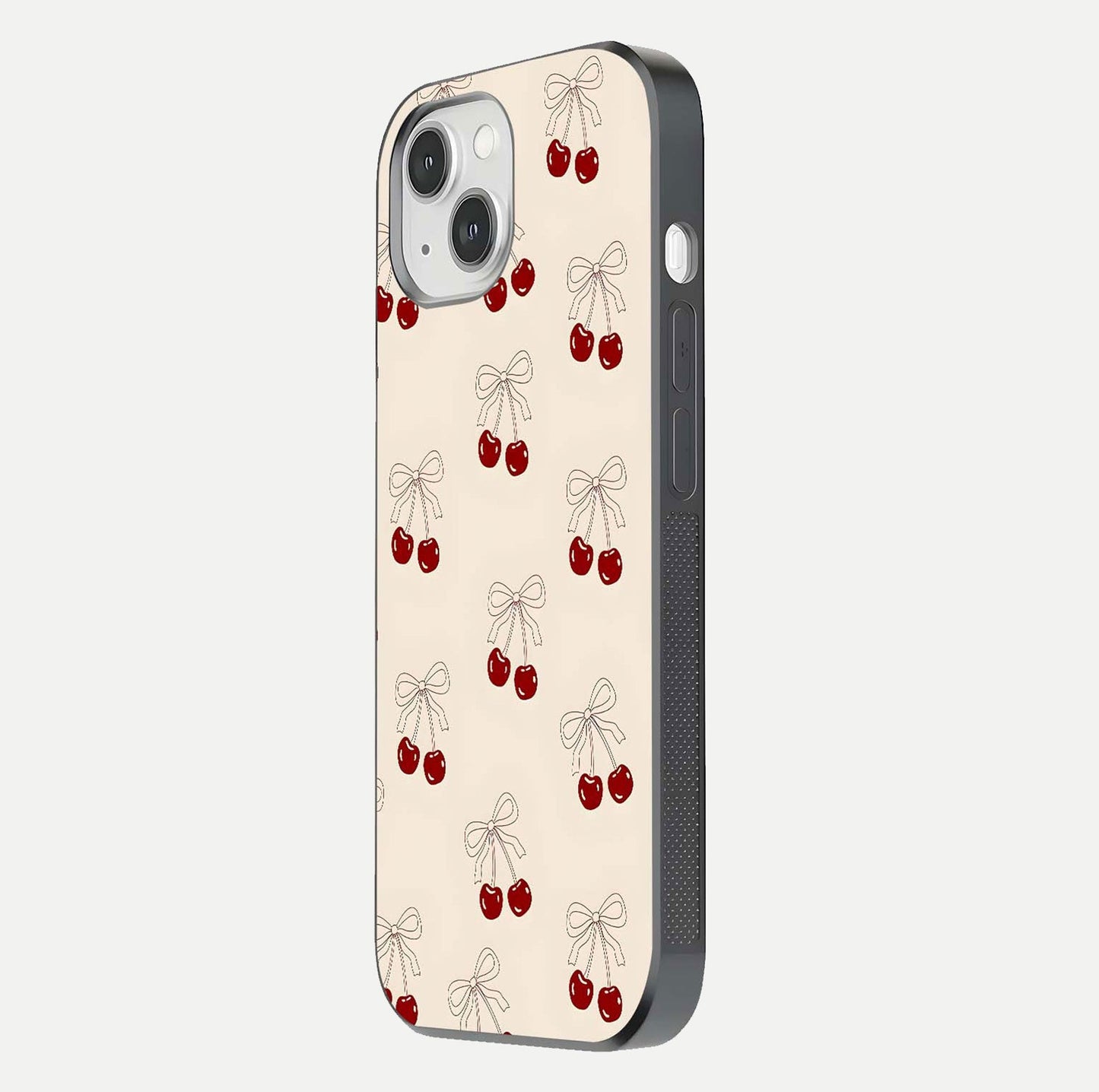 Cute Cherry Pattern Glass Case for iPhone 14 side-angle photo highlighting gloss curve and pattern clarity