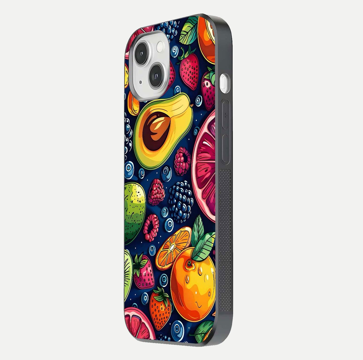 Cute Fruits Art Glass Case for iPhone 14 side-angle photo showing reflective finish and smooth edges