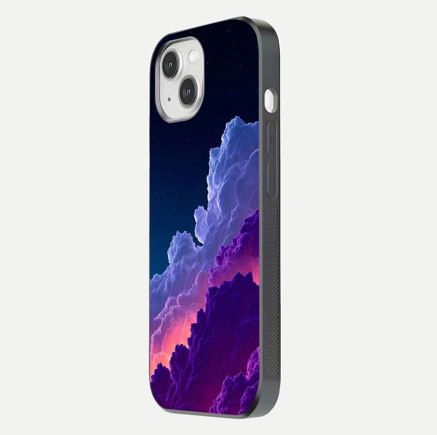 Dreamy Cloud Skies Glass Case for iPhone 14 side-angle image showing reflection clarity and polish
