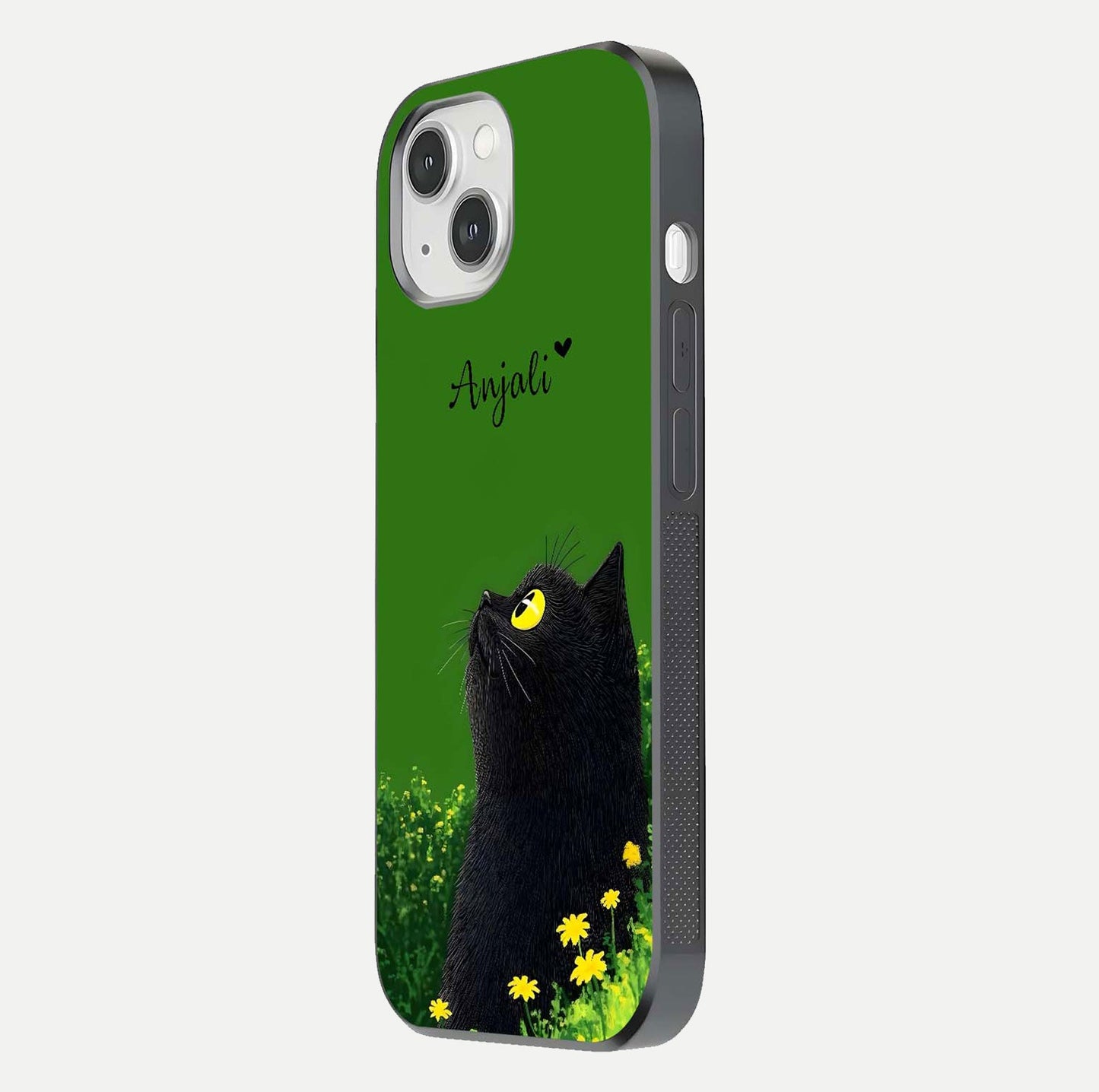 Emerald Cat Custom Name Glass Case for iPhone 14 side-angle photo showing name clarity and glass reflection