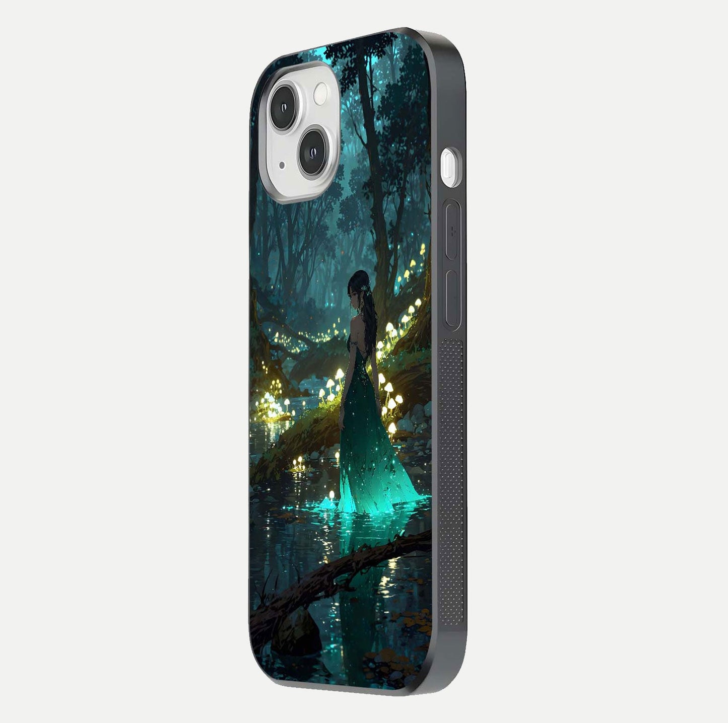 Enchanted Forest Glow Glass Case for iPhone 14 side-angle image capturing shine reflection and rich detail