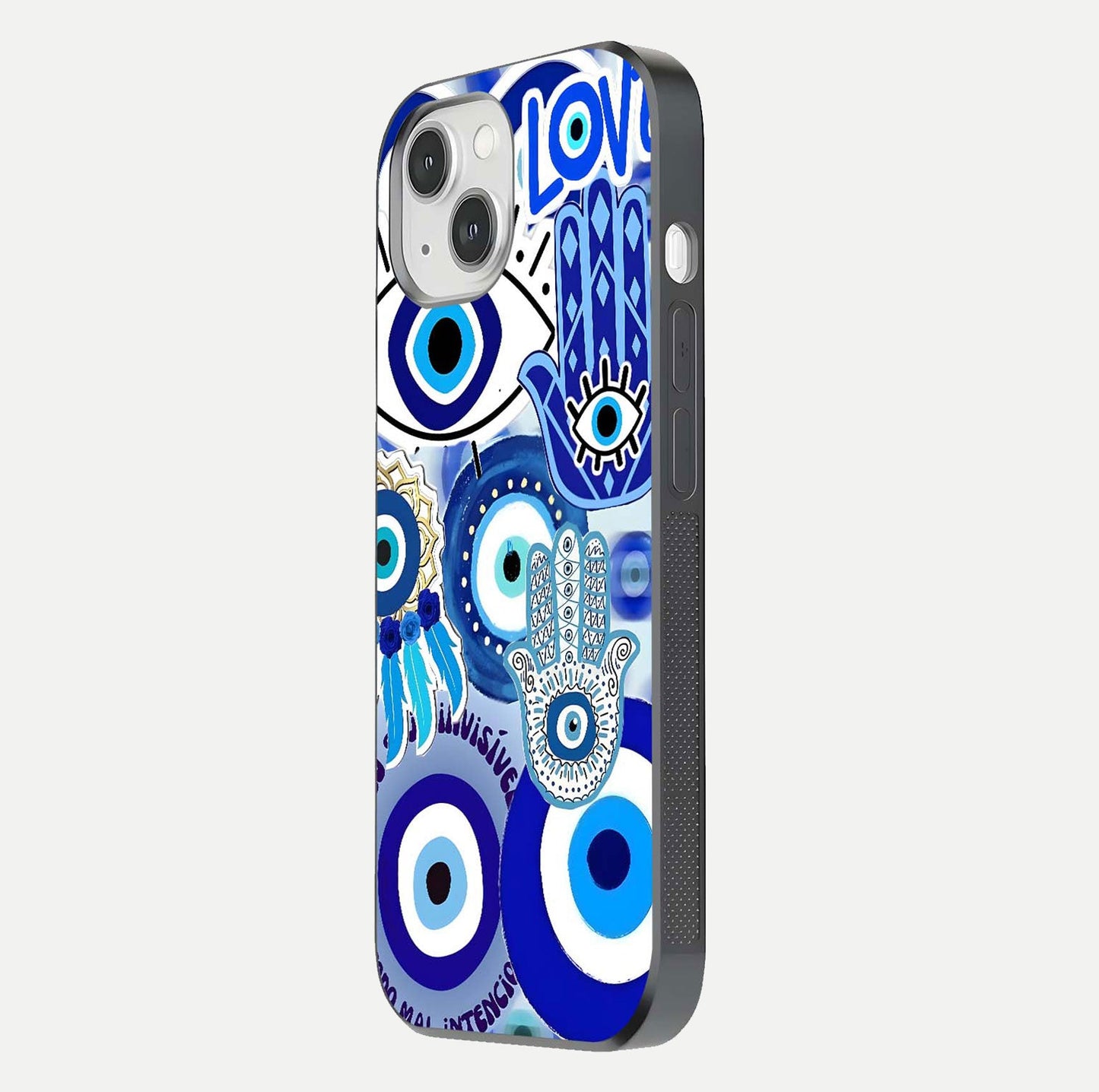 Evil Eyes Dream Glass Case for iPhone 14 side-angle photo capturing smooth edges and reflective texture
