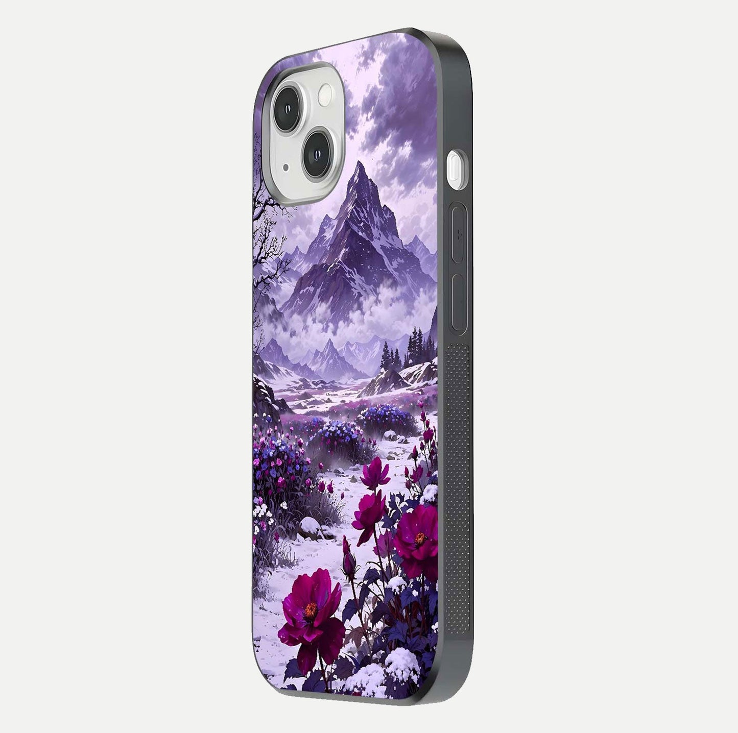 Flower Mountain View Glass Case for iPhone 14 side-angle image showing gloss polish and smooth edge