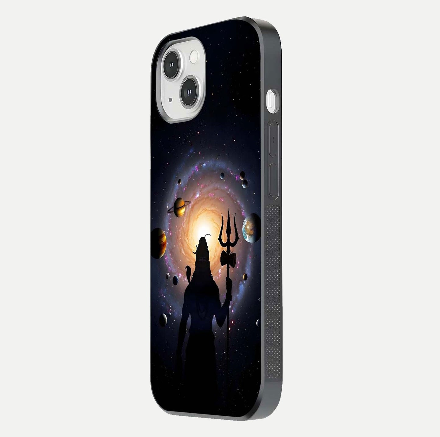 Galactic Shiva Vision Glass Case for iPhone 14 side-angle image showing light reflection, glass edges, and spiritual cosmic theme