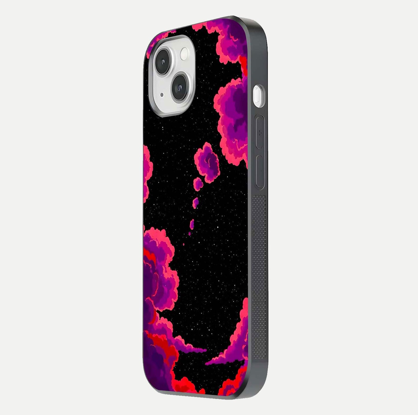 Galaxy Dream Frame Glass Case for iPhone 14 side-angle image showing reflection light and premium finish