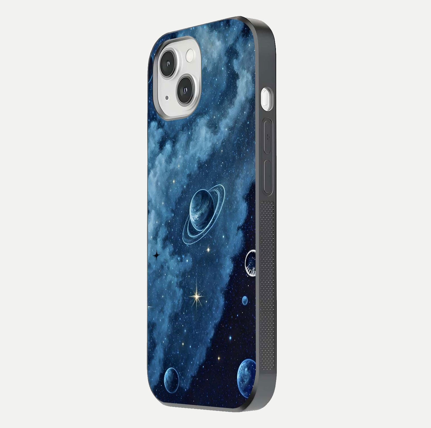 Galaxy Dream Space Glass Case for iPhone 14 side-angle image capturing reflection clarity and galactic texture