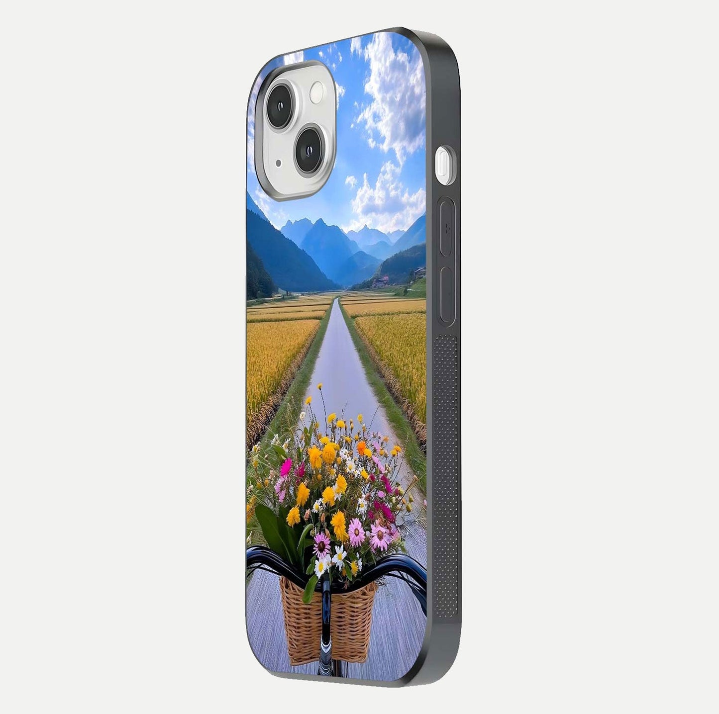 Golden Field Journey Glass Case for iPhone 14 side-angle image showing golden glow, reflection shine, and curved edge