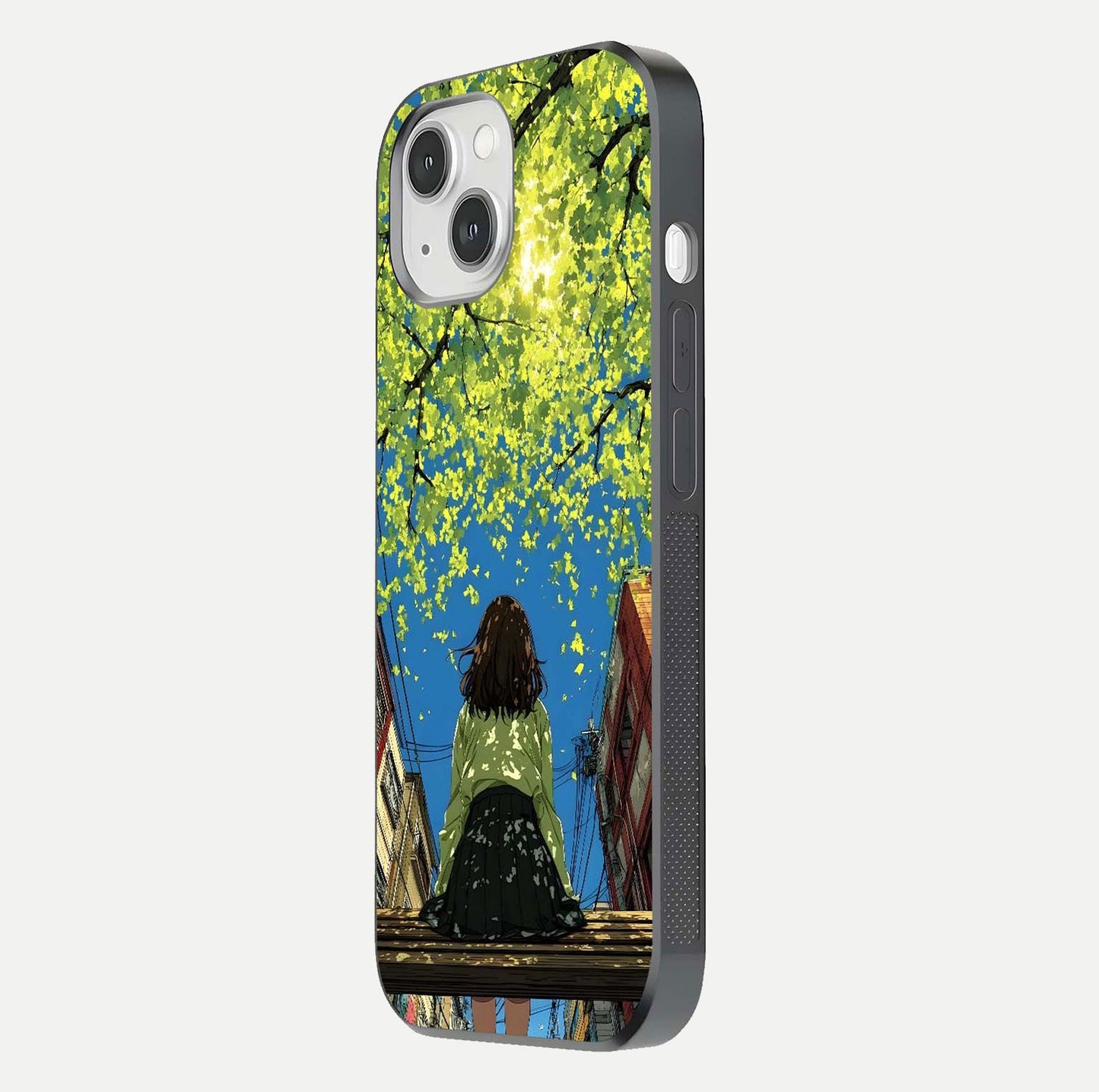 Golden Leaves Glow Glass Case for iPhone 14 side-angle image showing reflection polish and elegant pattern