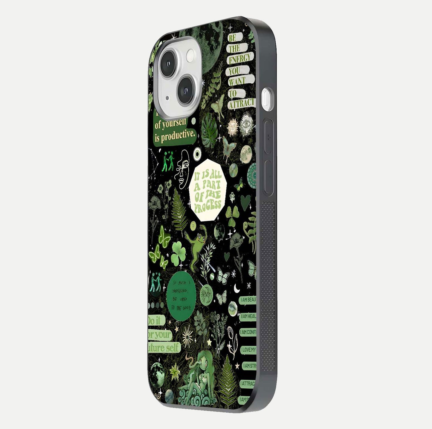 Green Moon Energy Glass Case for iPhone 14 side-angle image showing reflection brilliance and curved finish