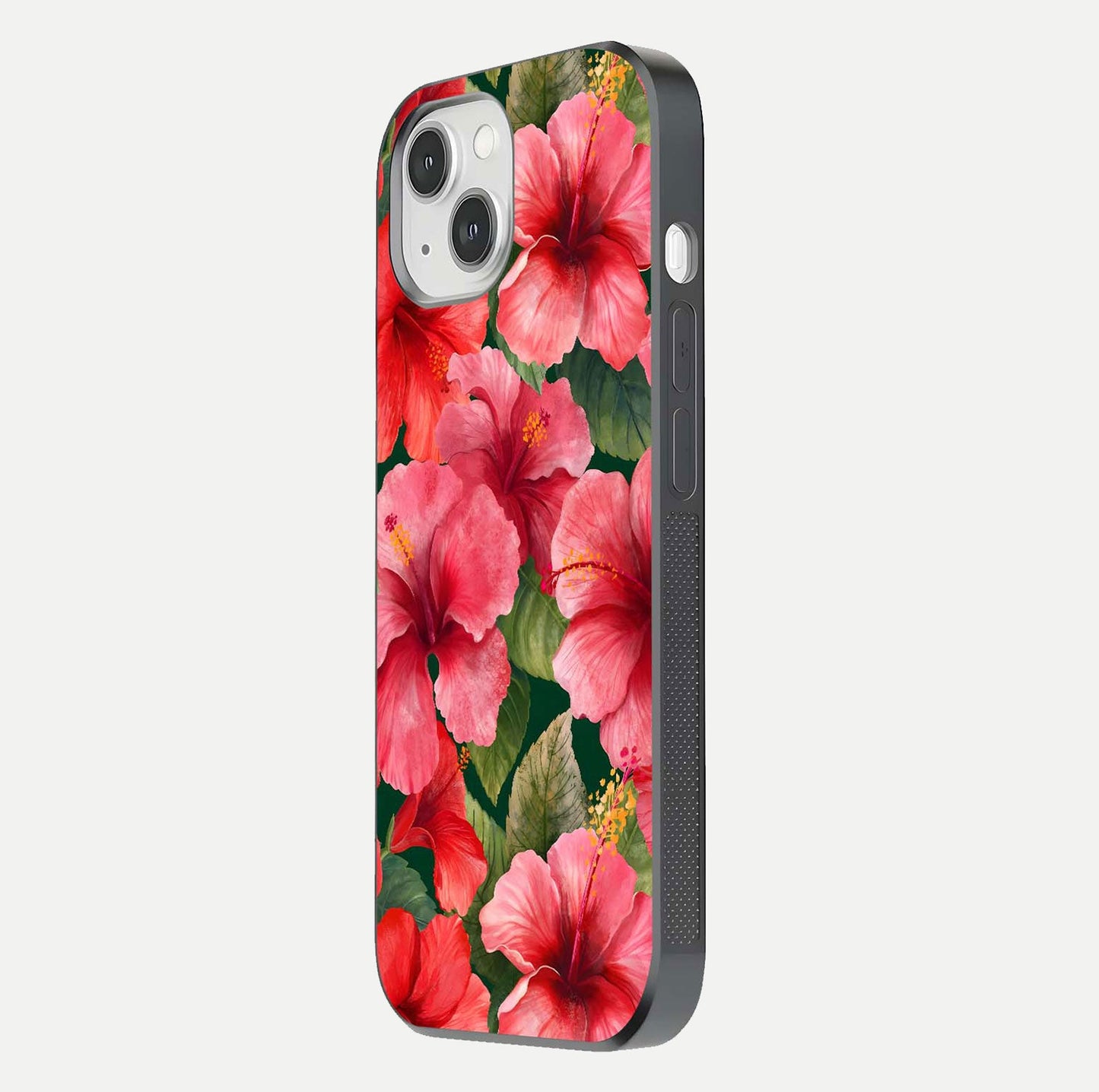 Hibiscus Pattern Glass Case for iPhone 14 side-angle image showing reflection brightness and floral detailing
