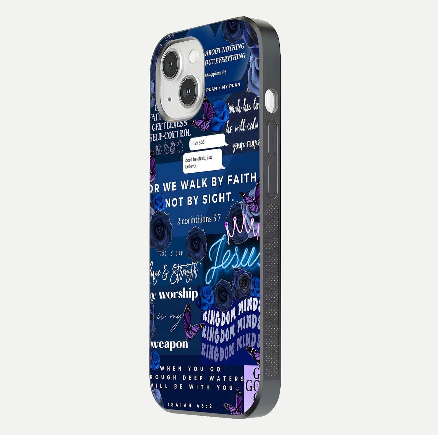 Kingdom Faith Glow Glass Case for iPhone 14 side-angle image with reflective cross and faith glow