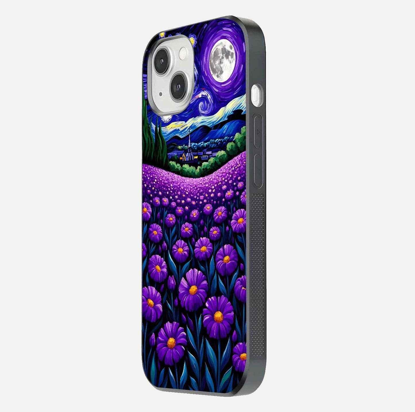Lavender Moon Field Glass Case for iPhone 14 side-angle image showing HD reflection and moonlit lavender art
