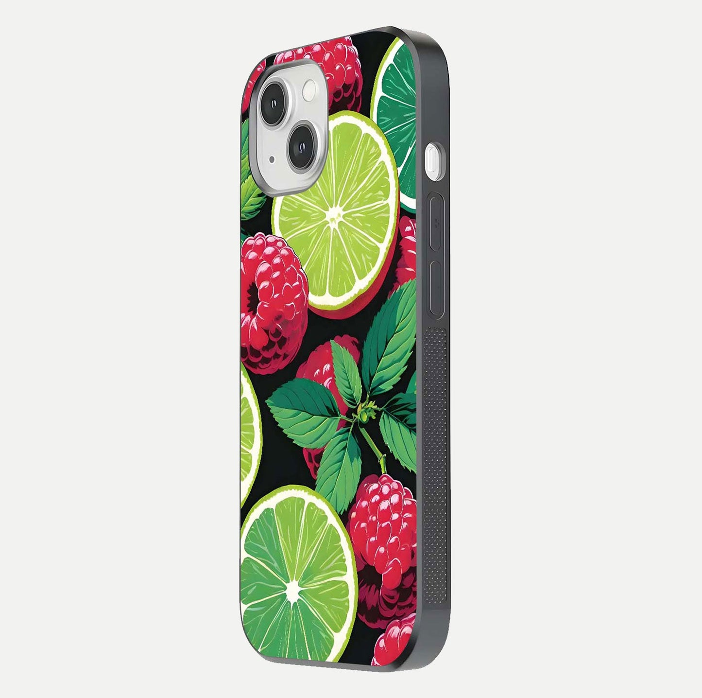 Lime and Raspberry Pattern Glass Case for iPhone 14 side-angle view revealing colorful fruit artwork details