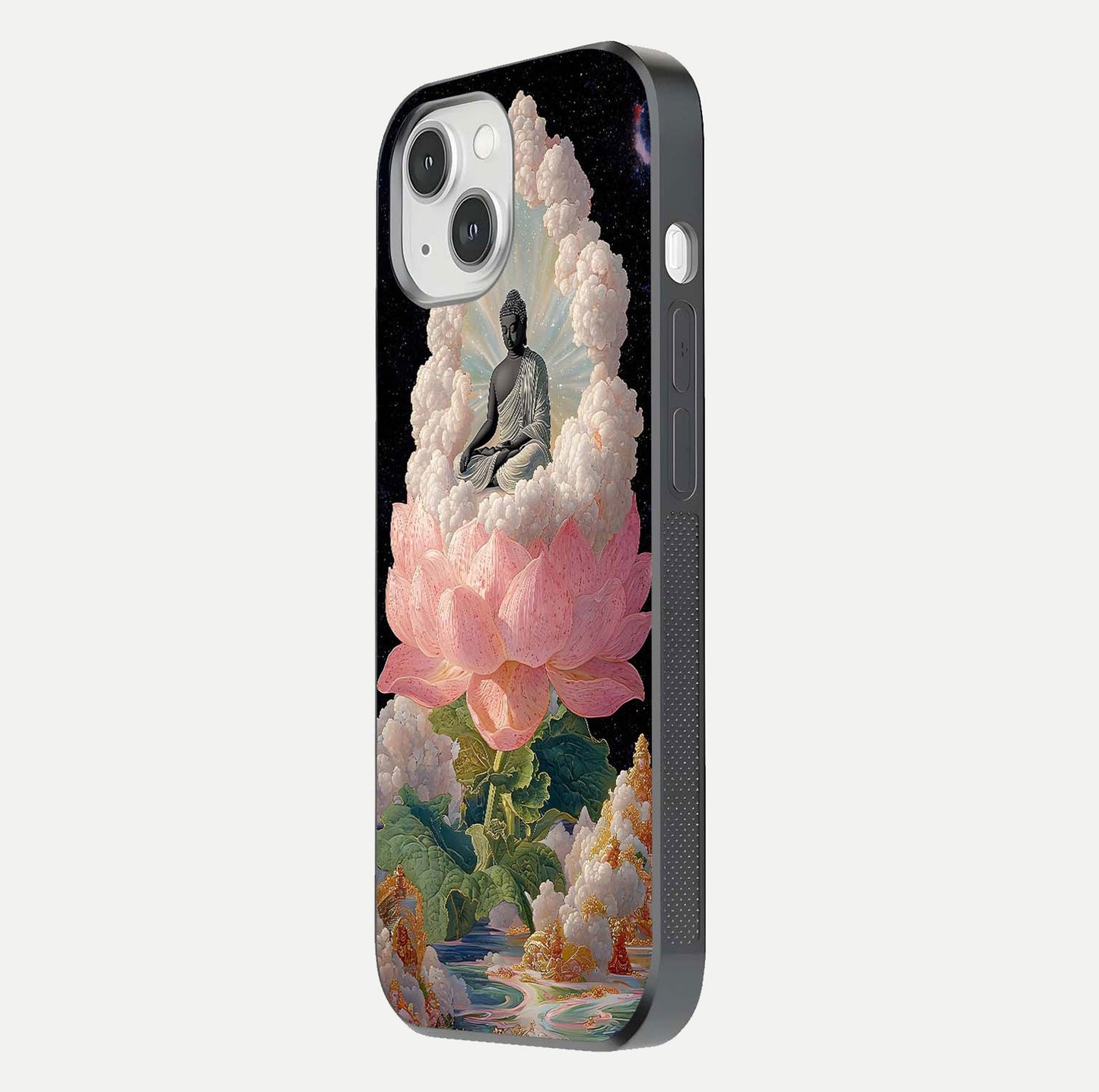 Lotus Divine Peace Glass Case for iPhone 14 side-angle shot showing elegant shine and floral symmetry
