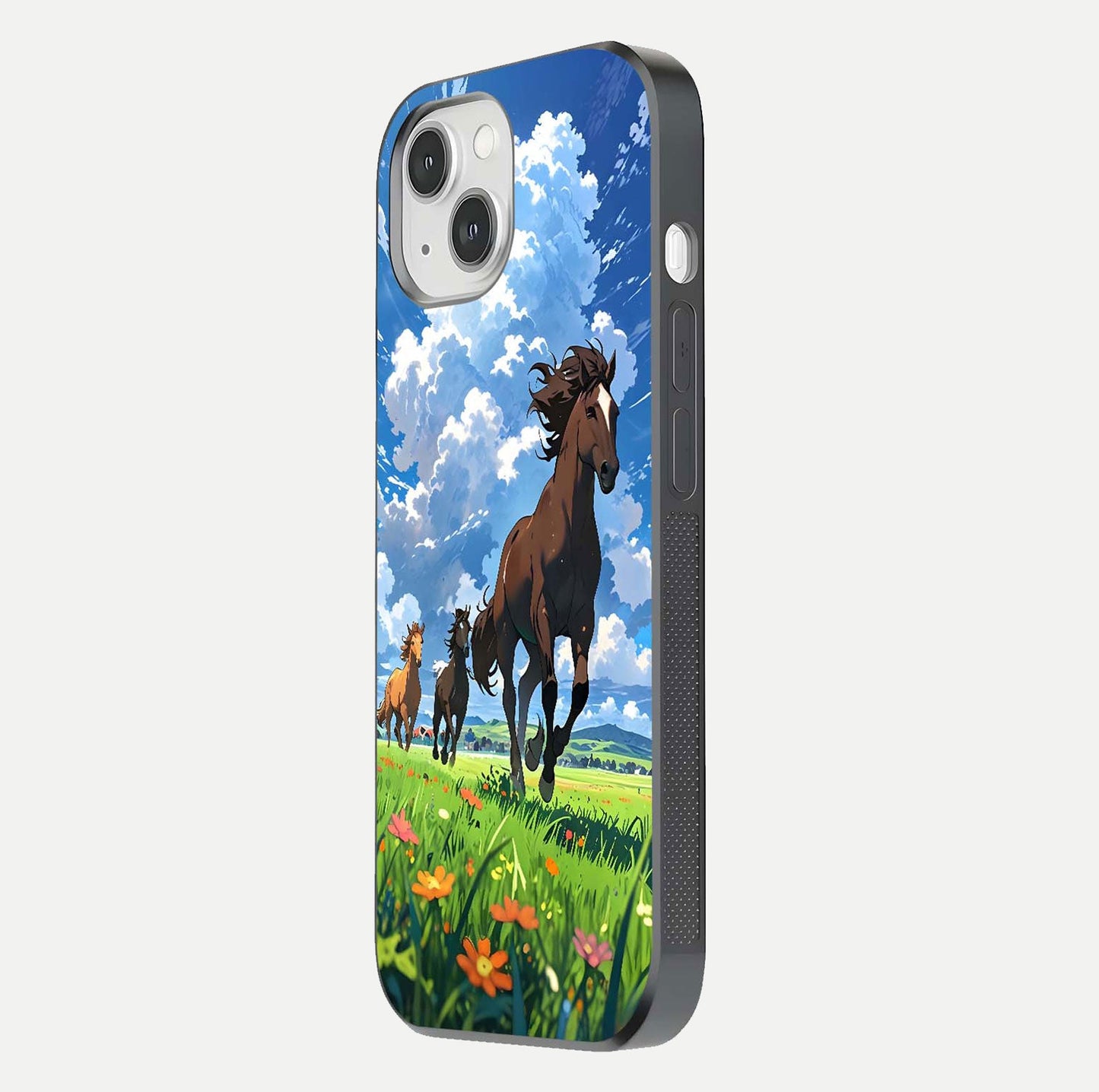 Majestic Horses Galloping Glass Case for iPhone 14 side-angle shot emphasizing reflection and running artwork
