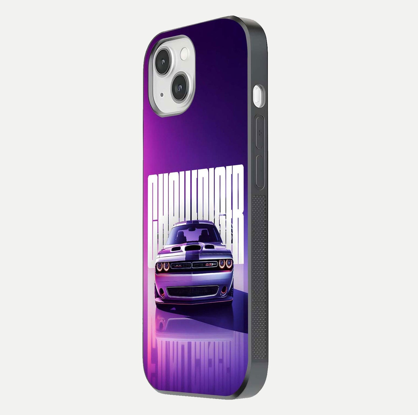 Midnight Muscle Ride Glass Case for iPhone 14 side-angle image showing reflection clarity and bold design