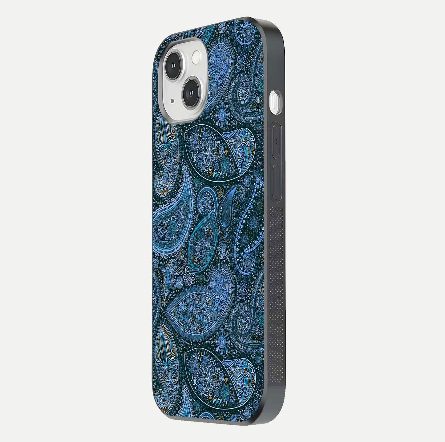 Midnight Paisley Glow Glass Case for iPhone 14 side-angle image revealing reflective gloss and paisley art