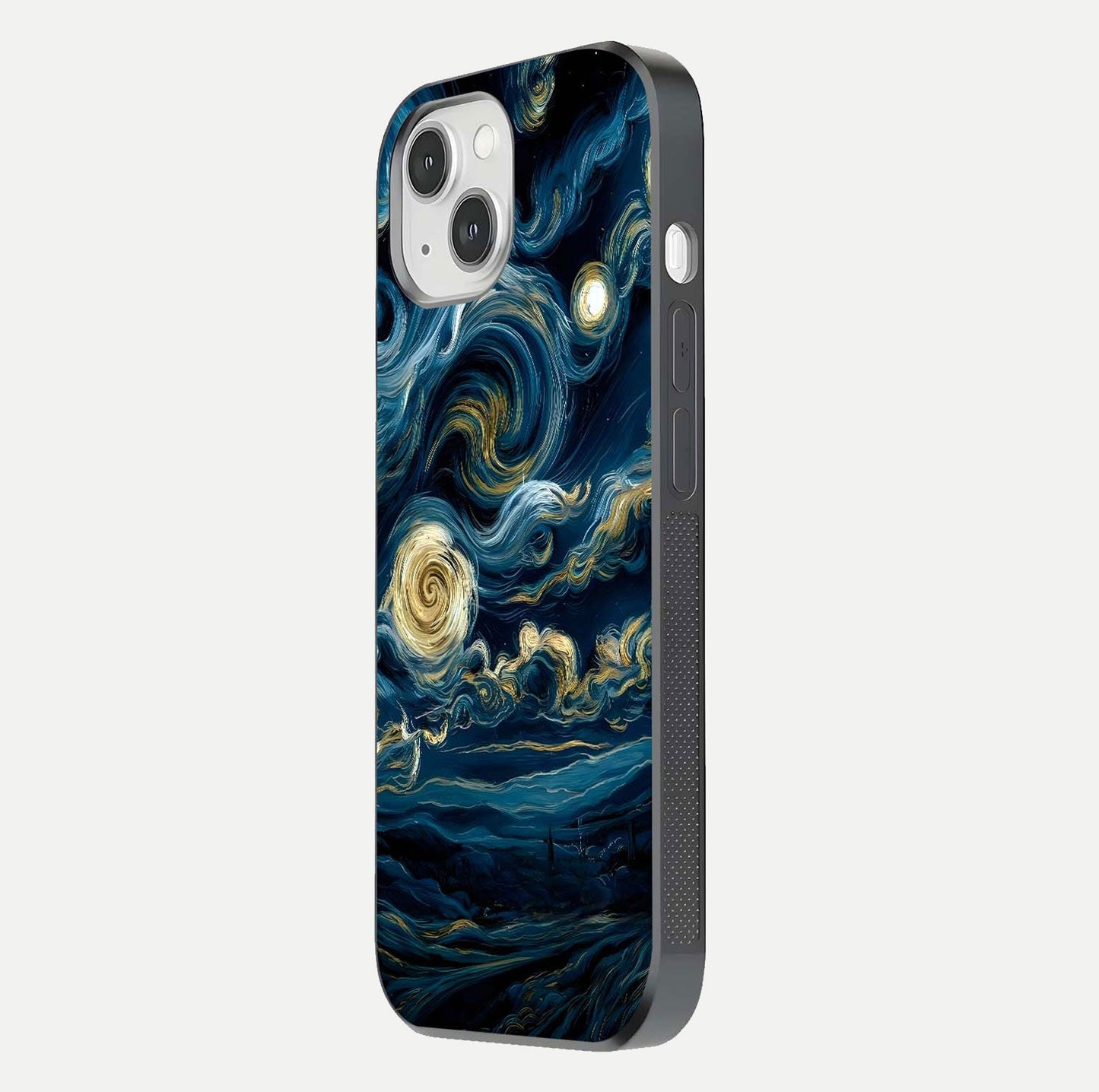 Midnight Sky Whirl Glass Case for iPhone 14 side-angle image showing reflection depth and galaxy pattern
