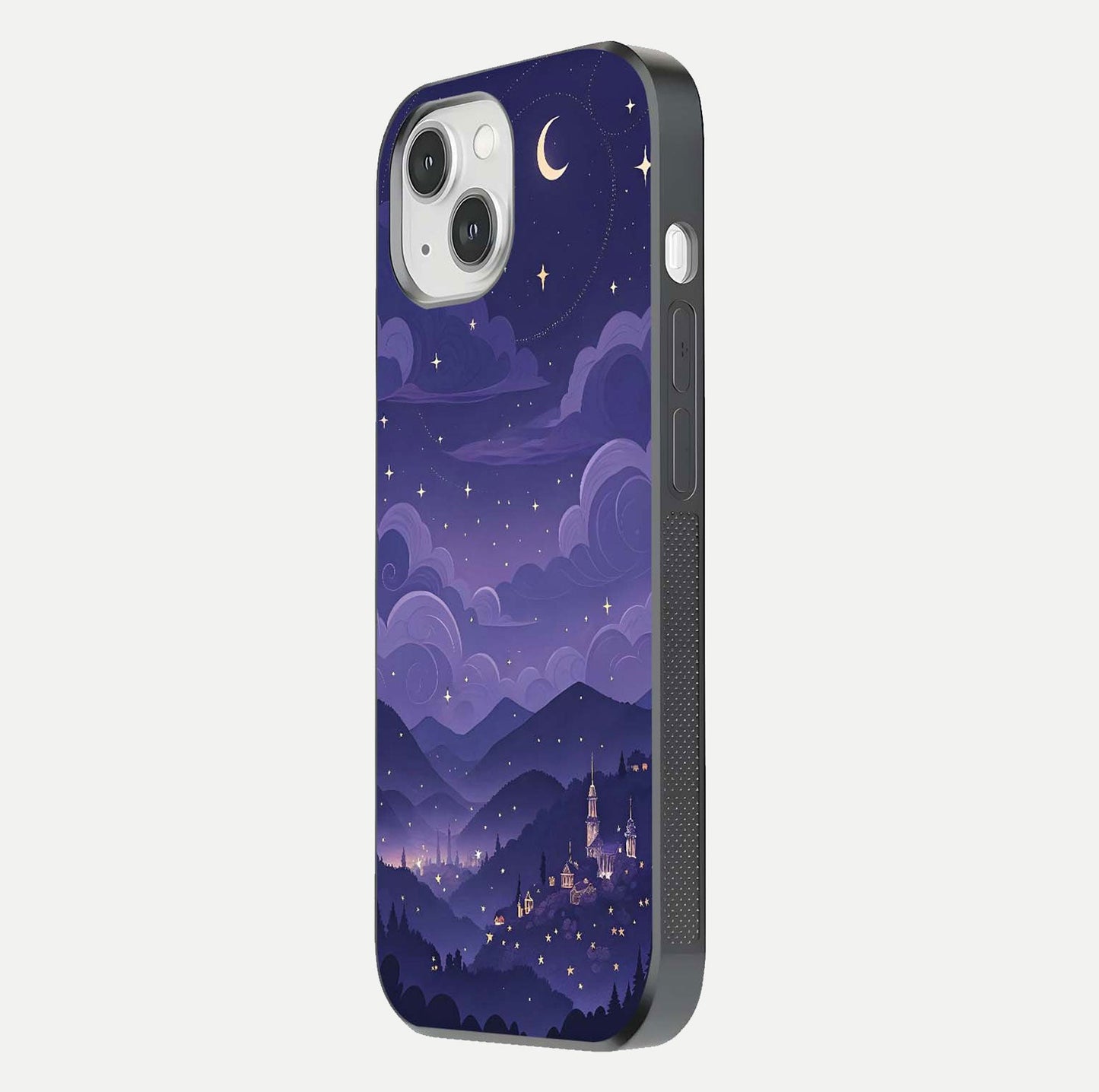 Minimal Night View Glass Case for iPhone 14 side-angle image showing subtle reflection and urban design