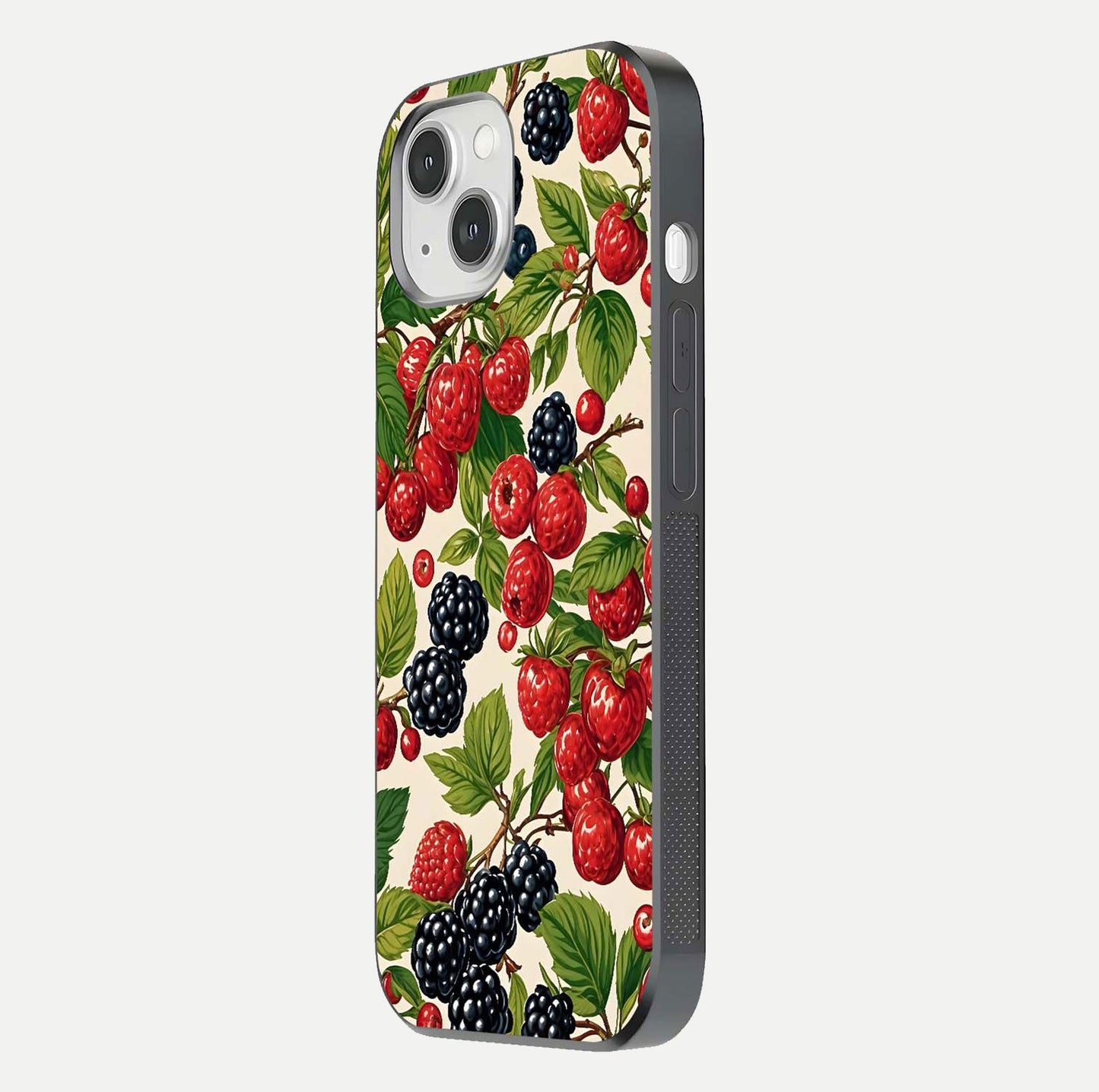Mixed Berry Collage Glass Case for iPhone 14 side-angle image showing reflection and HD fruit texture