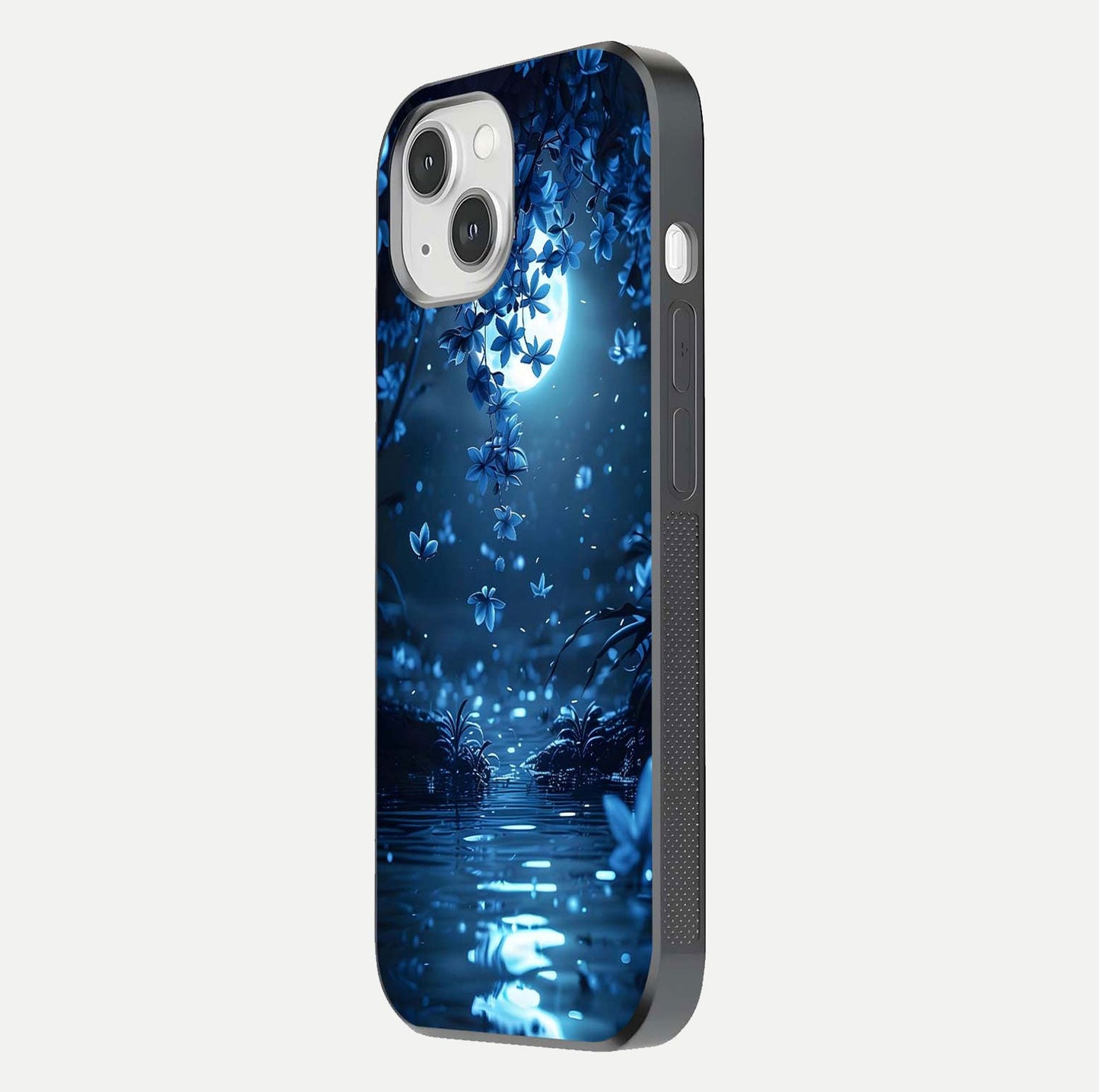 Moonlight Petal Dream Glass Case for iPhone 14 side-angle image showing reflection and petal detail