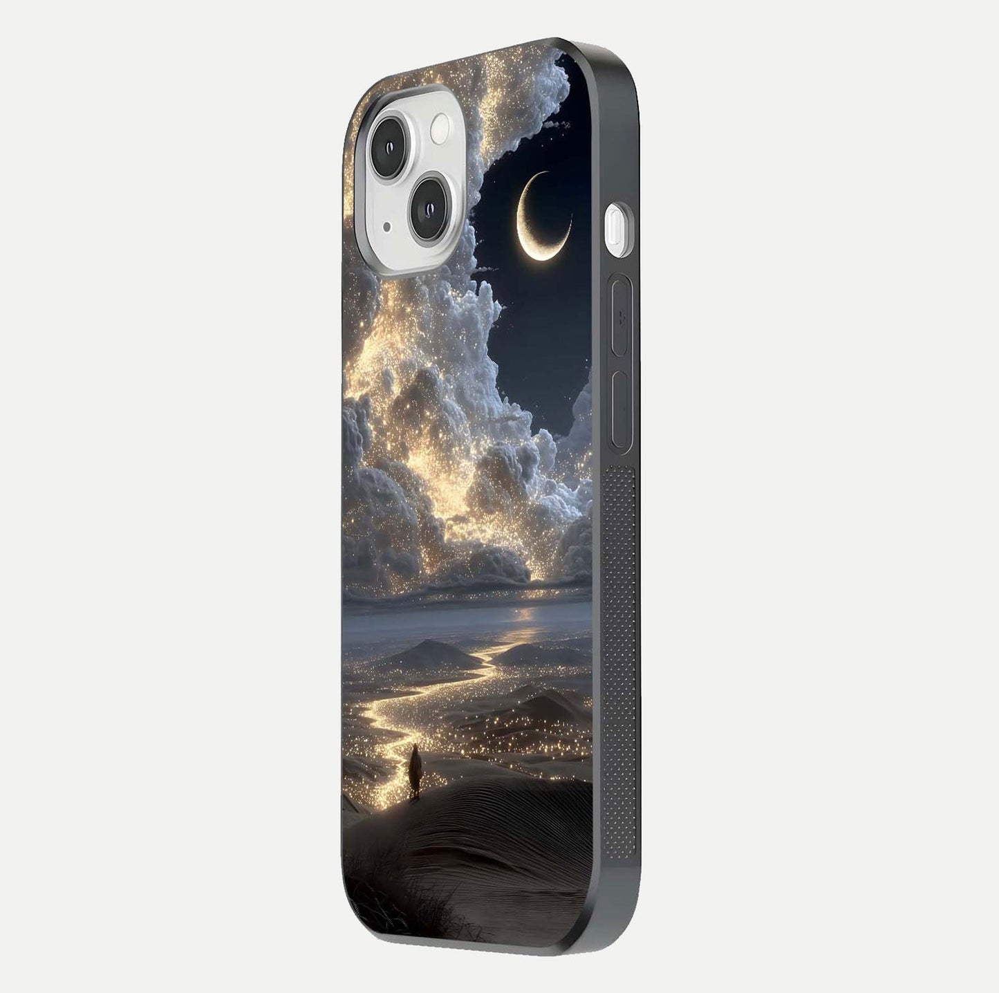 Moonlight Spark Path Glass Case for iPhone 14 side-angle image showing reflection and moonlit detail