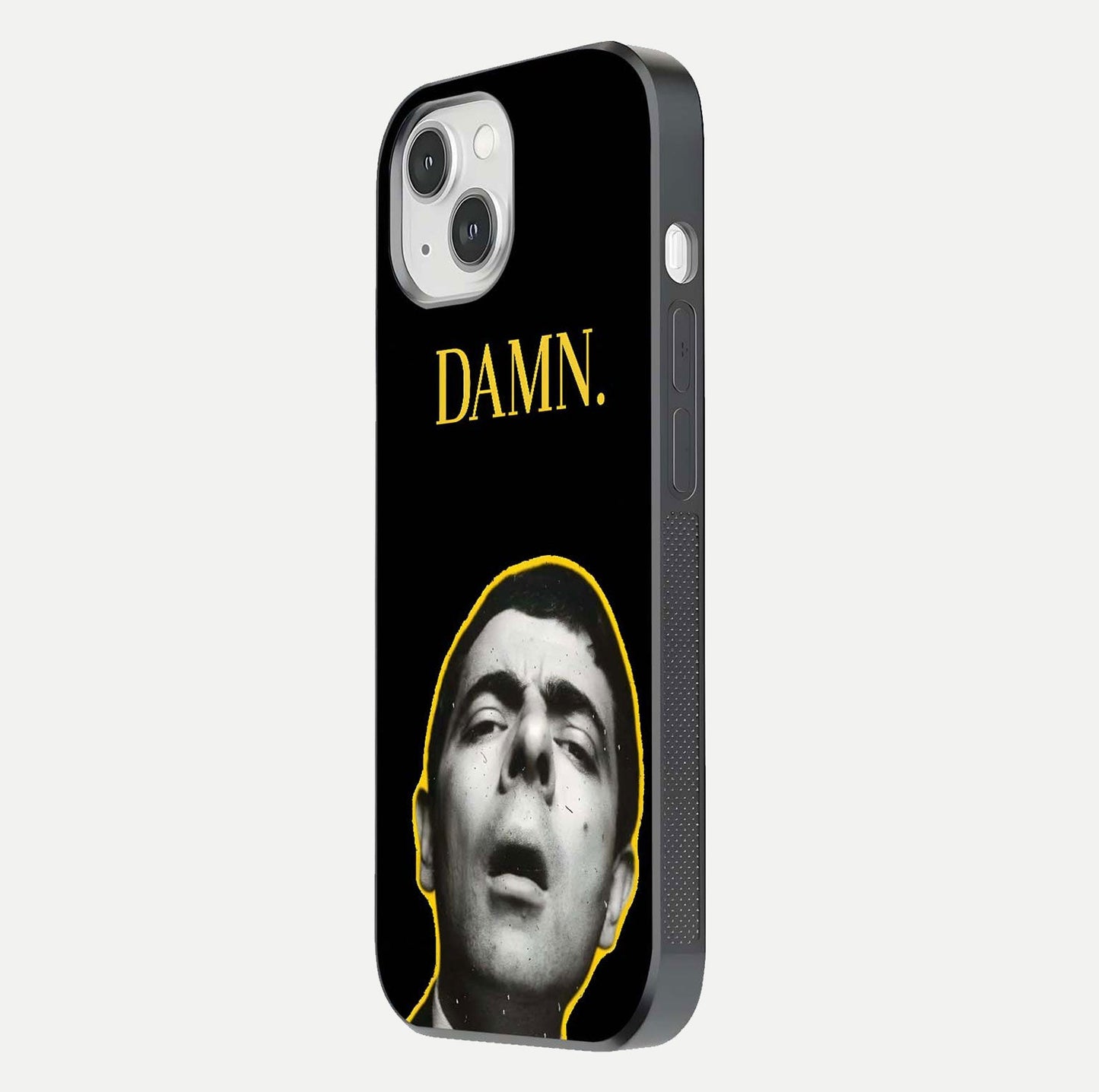 Mr Bean Damn Glass Case for iPhone 14 side-angle image emphasizing HD print clarity and playful theme