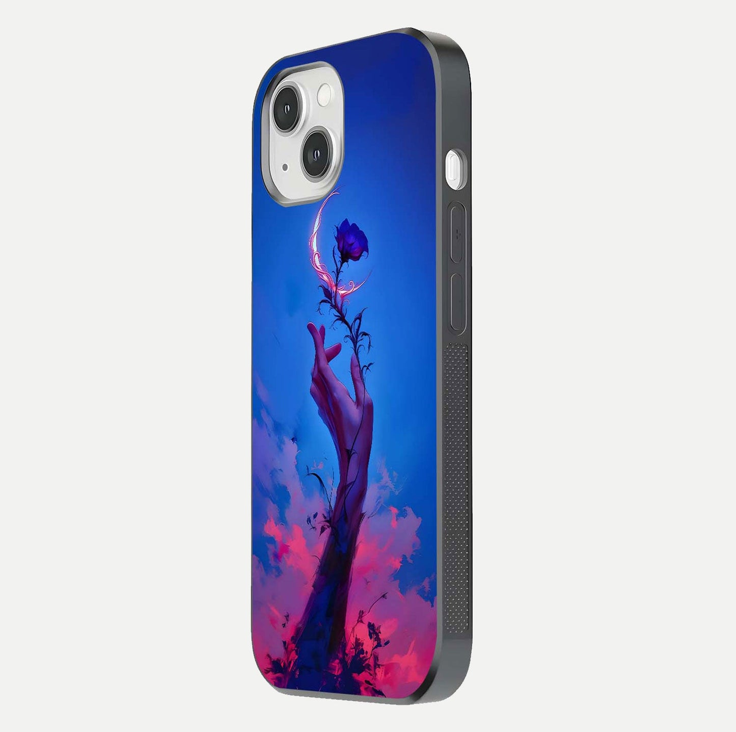 Mystic Hand Glass Case for iPhone 14 side-angle image showing reflection depth and sacred aesthetic