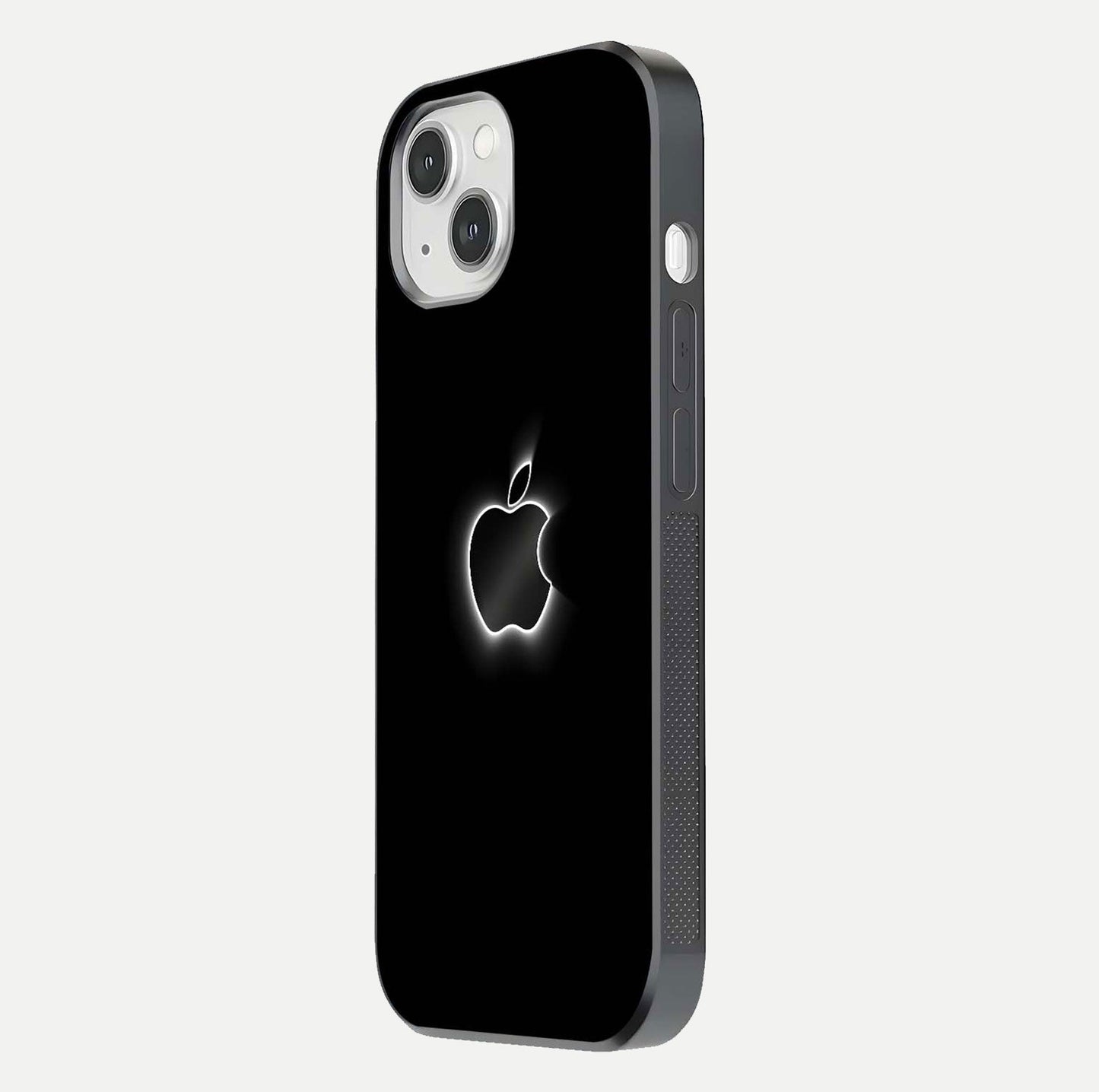 Neon Apple Glow Glass Case for iPhone 14 side-angle image showing light reflection and glow effect