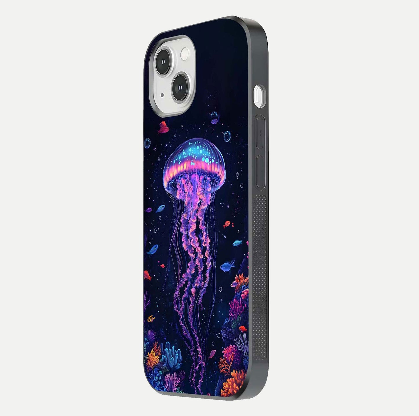 Neon Jellyfish Glass Case for iPhone 14 side-angle image showing reflection and oceanic light detailing