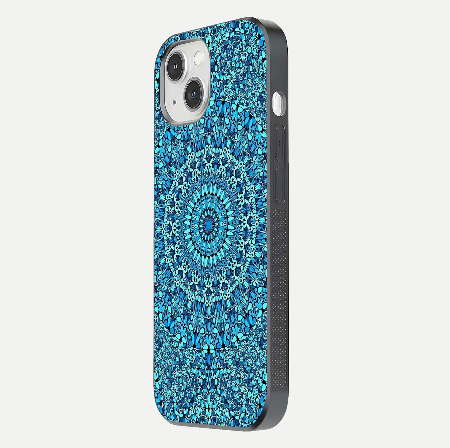 Ocean Bloom Mandala Glass Case for iPhone 14 side-angle image showing reflection and detailed floral pattern