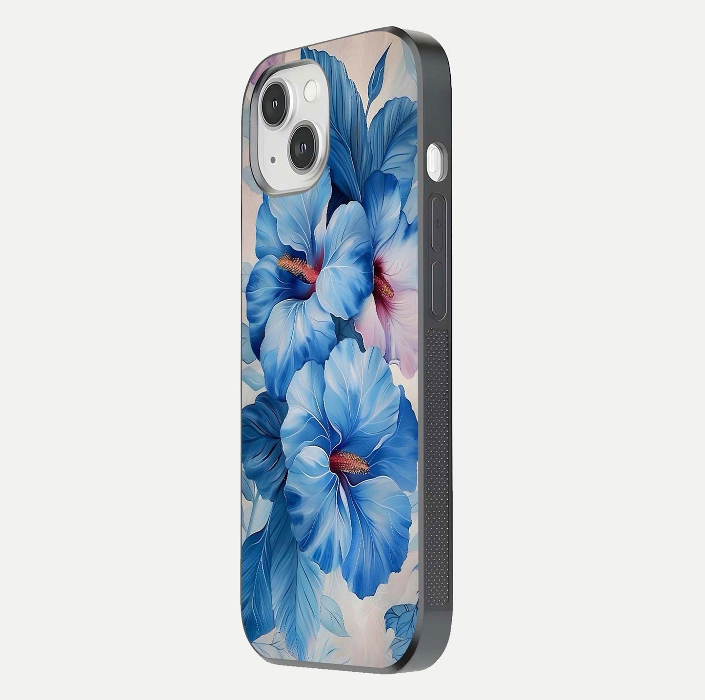 Ocean Hibiscus Grace Glass Case for iPhone 14 side-angle image showing smooth texture and hibiscus details