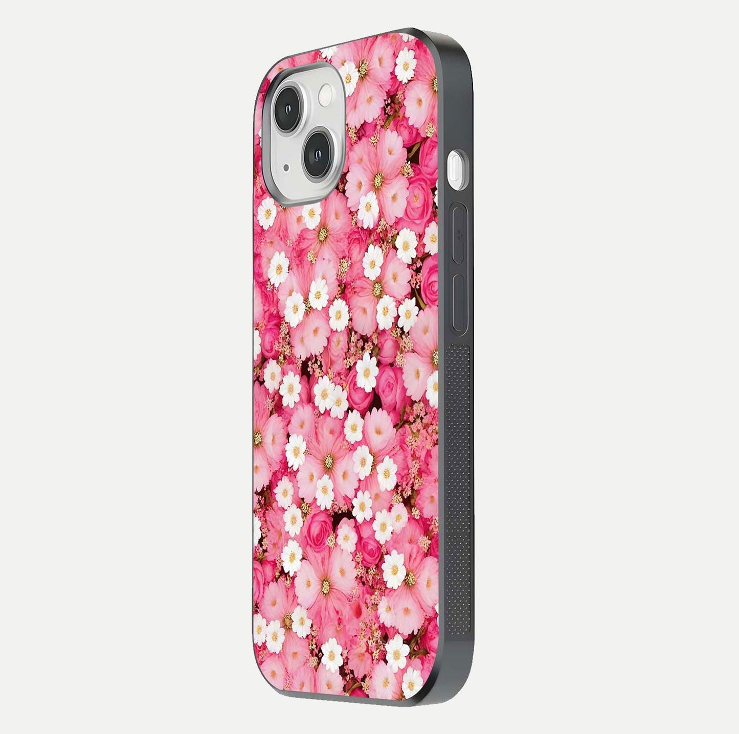 Pink Daisy Bliss Glass Case for iPhone 14 side-angle image showing delicate daisy pattern and glass reflection