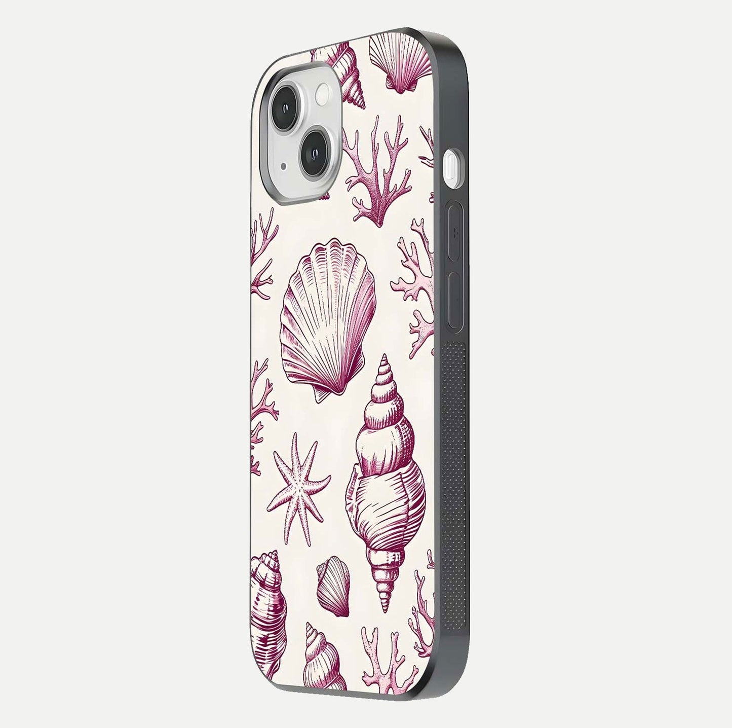 Pink Shells Outline Glass Case for iPhone 14 side-angle image showing shine and intricate outline texture