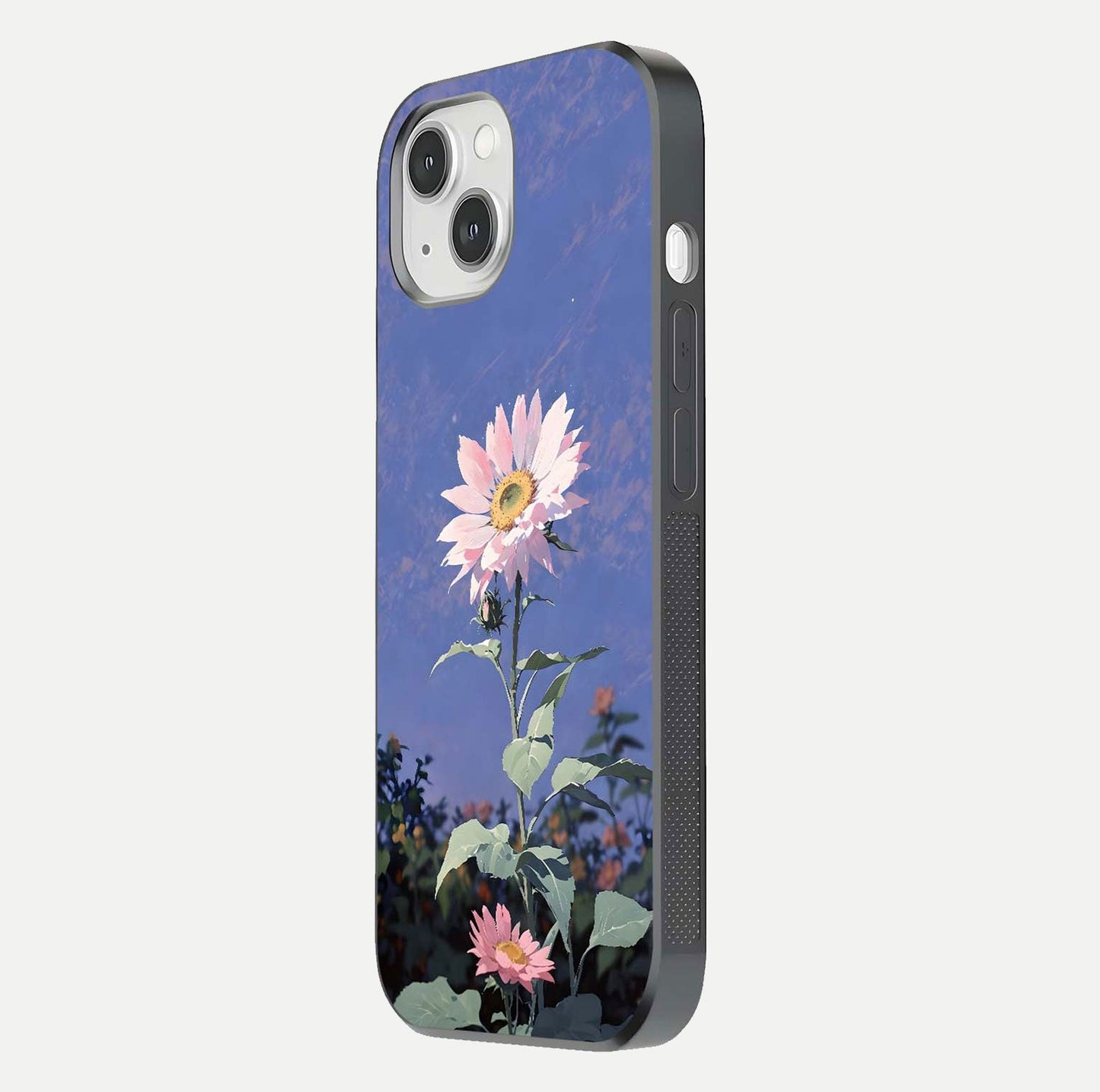 Pink Sunflower Glow Glass Case for iPhone 14 side-angle image showing glossy edges and vivid sunflower tones