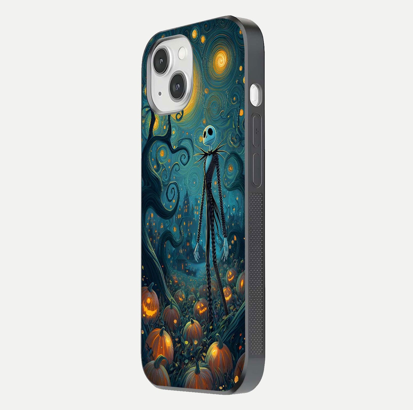 Pumpkin Moonlight Tale Glass Case for iPhone 14 side-angle image showing glow texture and Halloween vibe