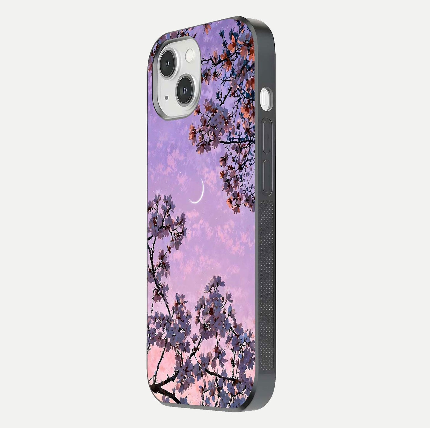 Purple Serenity Moon Glass Case for iPhone 14 side-angle image showing reflection and lunar art precision