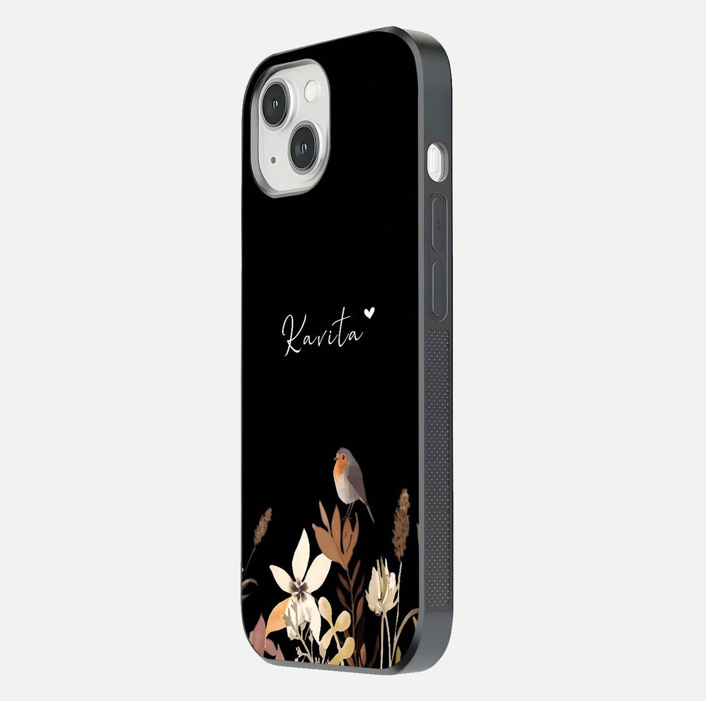 Quiet Garden Tune Custom Name Glass Case for iPhone 14 side-angle image showing reflection and floral design