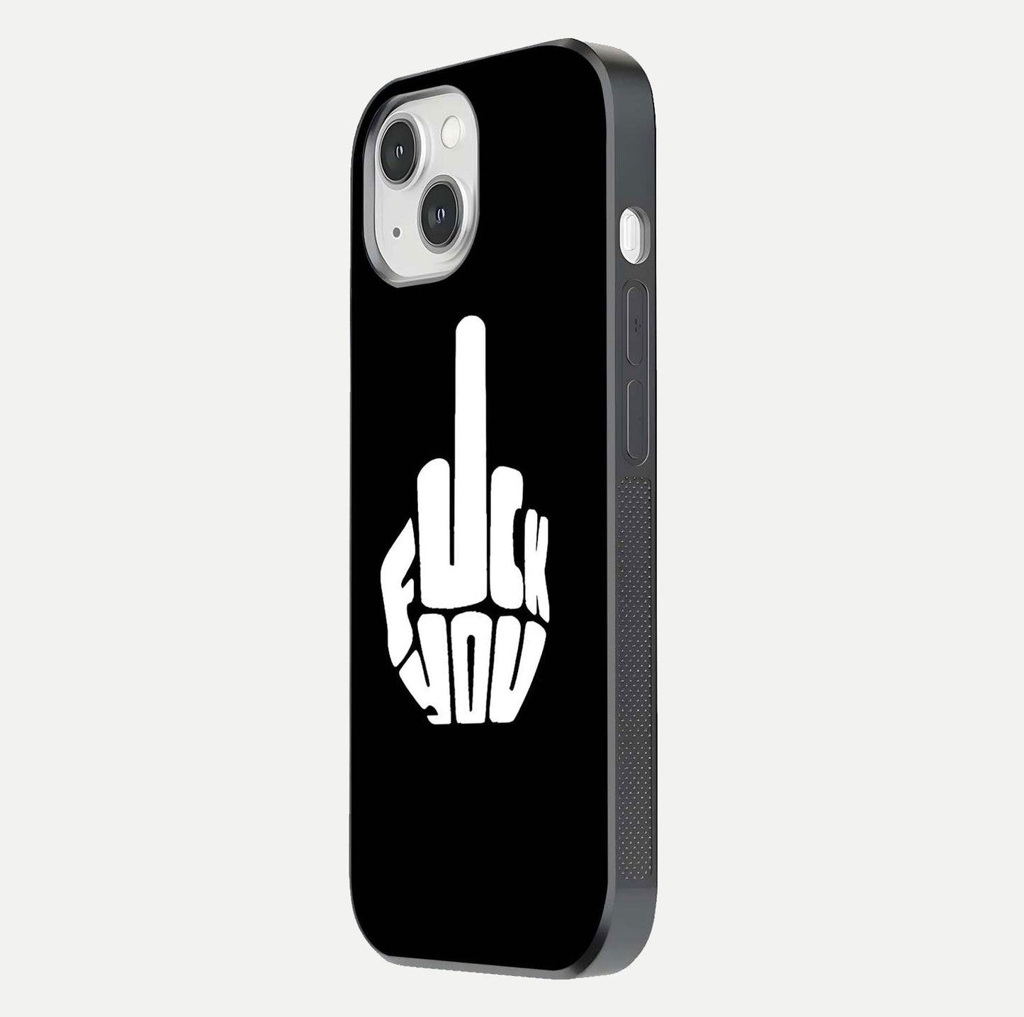 Rebel Mode On Glass Case for iPhone 14 side-angle image showing reflection, edge detail, and text clarity