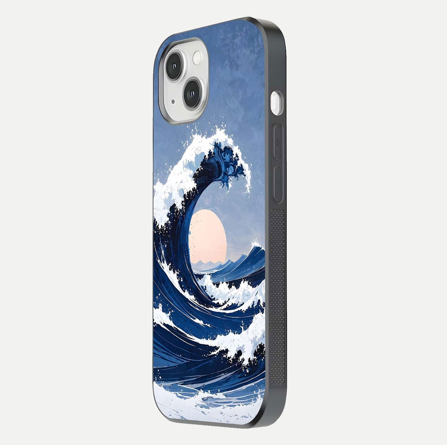 Rising Tide Power Glass Case for iPhone 14 side-angle image showing shine and detailed ocean art